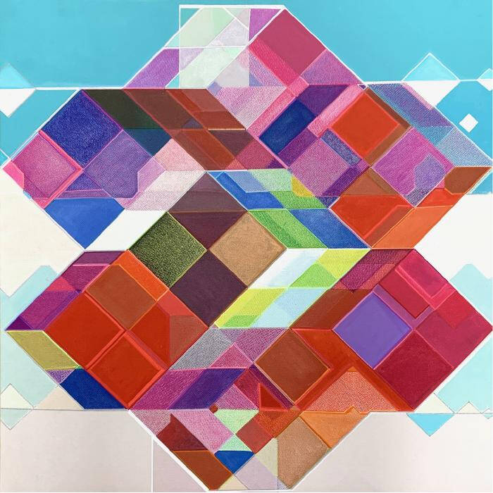 Bright and colorful painting on canvas of an abstract design made up of a lot of cube shapes. Central image is rainbow colored, that stands out on a background that is mostly bright blue, white and grey.